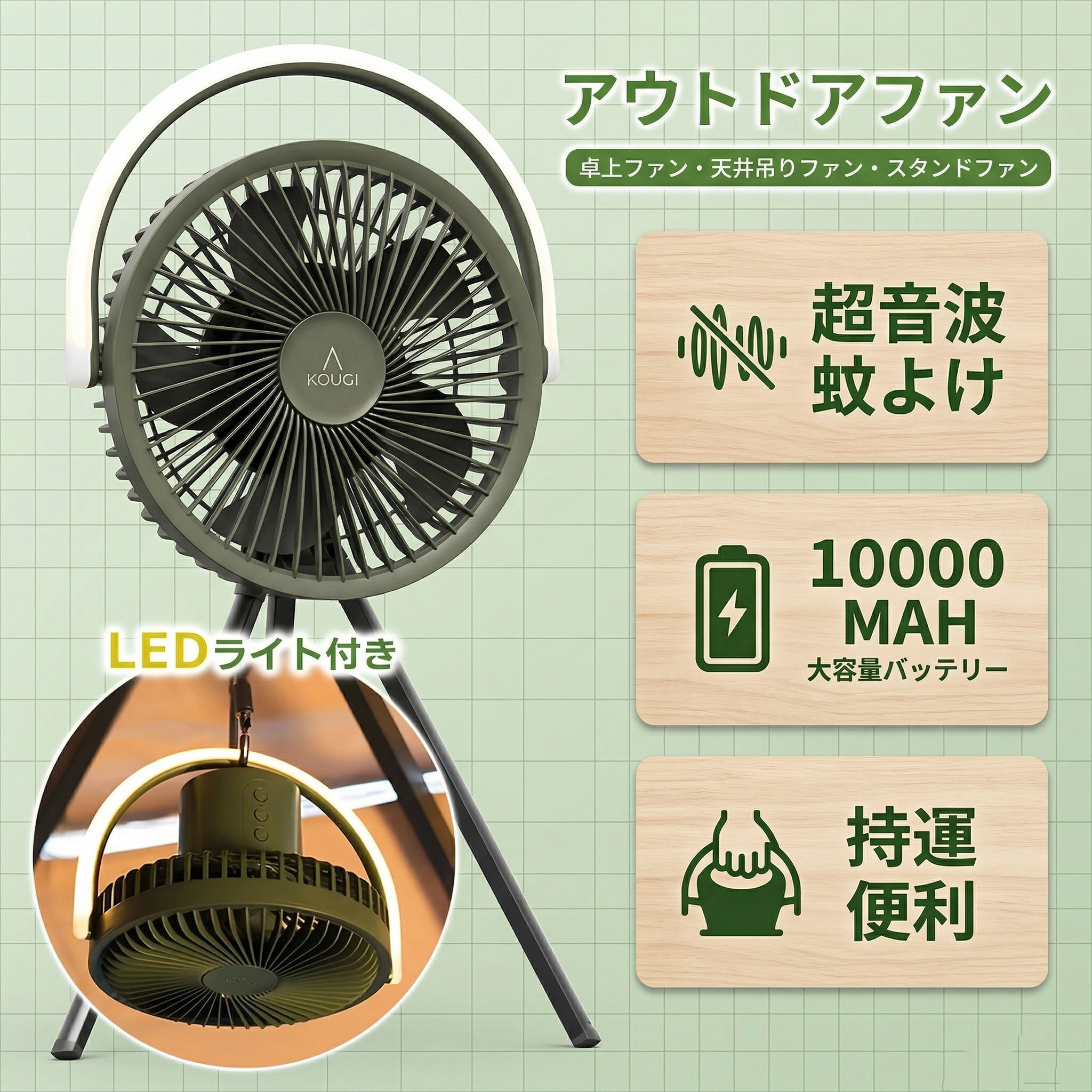アウトドアファン キャンプ扇風機 多機能【 LEDライト付き・超音波振動蚊よけ機能・10000mAh 】照明付き扇風機 省エネ コンパクト おしゃれ 卓上扇風機 小型 節電 卓上携帯扇風機 超静音 充電式 4段風量調整 ３段階調光 サーキュレーター キャンペーン 持ち運び便利