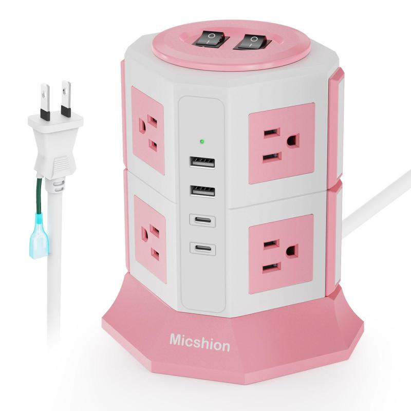 Micshion 延長コード 2個Type-C付 電源タップ タワー 個別スイッチ型 8個AC口 2個USB-Cポート 2個USB-Aポート 2M USB コンセント テーブルタップ 雷ガード usb-c付き たこ足配線 過負荷保護 2層 省エネ