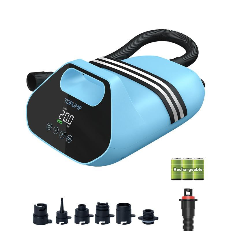 TOPUMP 充電式SUPエアポンプTPS300、20 PSI オートオフ機能付き電動パドルボードポンプ、デュアルステージインフレーション＆デフレーション、96.2 Wh、Type-C急速充電、対応機種：インフレータブ