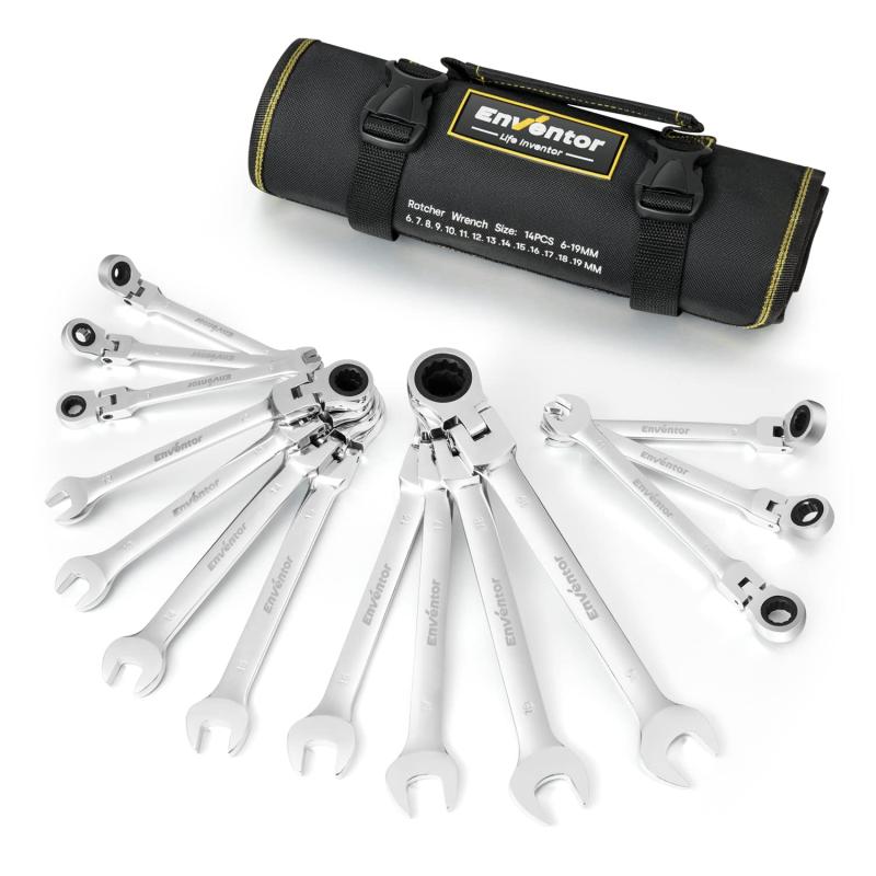 Enventor ラチェットレンチセット フレックスラチェットレンチ 角度調整可能 6~19mm 14本組 両用ヘッド 収納ポーチ付き 首振りラチェットコンビセット