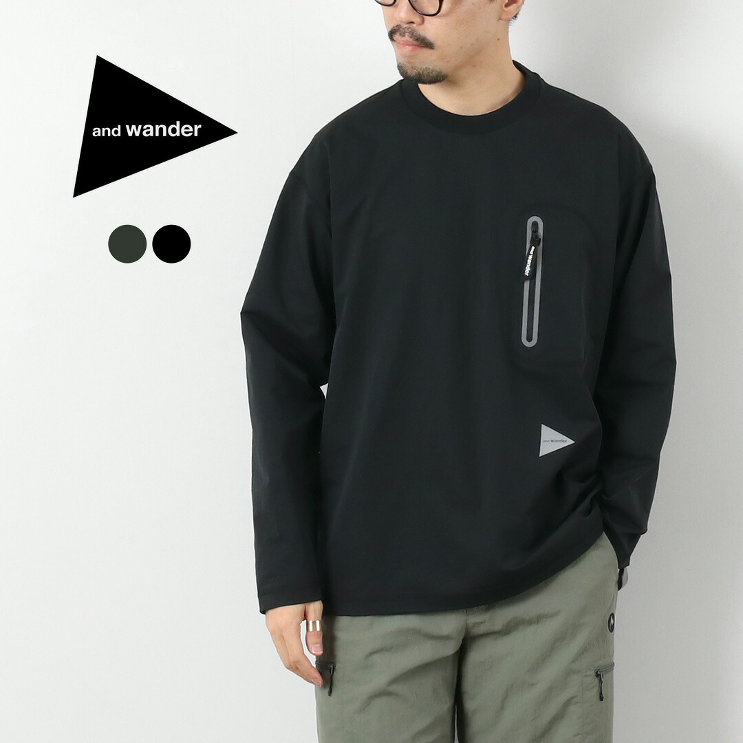 AND WANDER（アンドワンダー） ハイブリッド ウォーム ポケット ロングスリーブTシャツ / メンズ トップス 長袖 ストレッチ 消臭 アウトドア ロンT hybrid warm pocket LS T