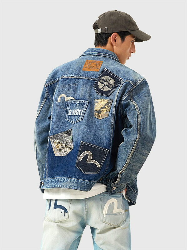 EVISU エヴィス デニム ジーンズ上衣 マルチ衣嚢 鴎 家紋 ロゴタイプ刺しゅう 筋目 トップ Gジャン MULTI-POCKET DENIM JKT BROCADE PATCH 2ESHTM6DJ1008