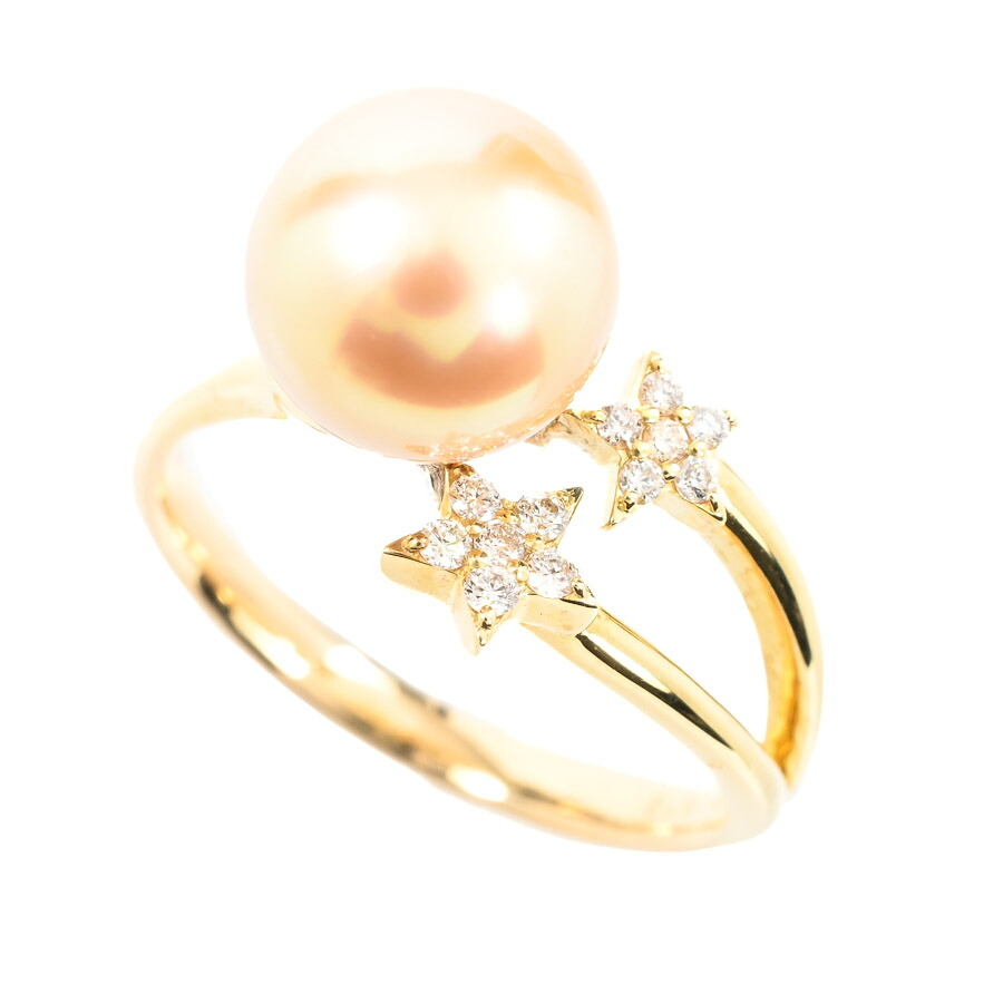 【中古】A品 パール リング クリームパール9.7mm ダイヤ0.12ct 18号 5.5g レディース