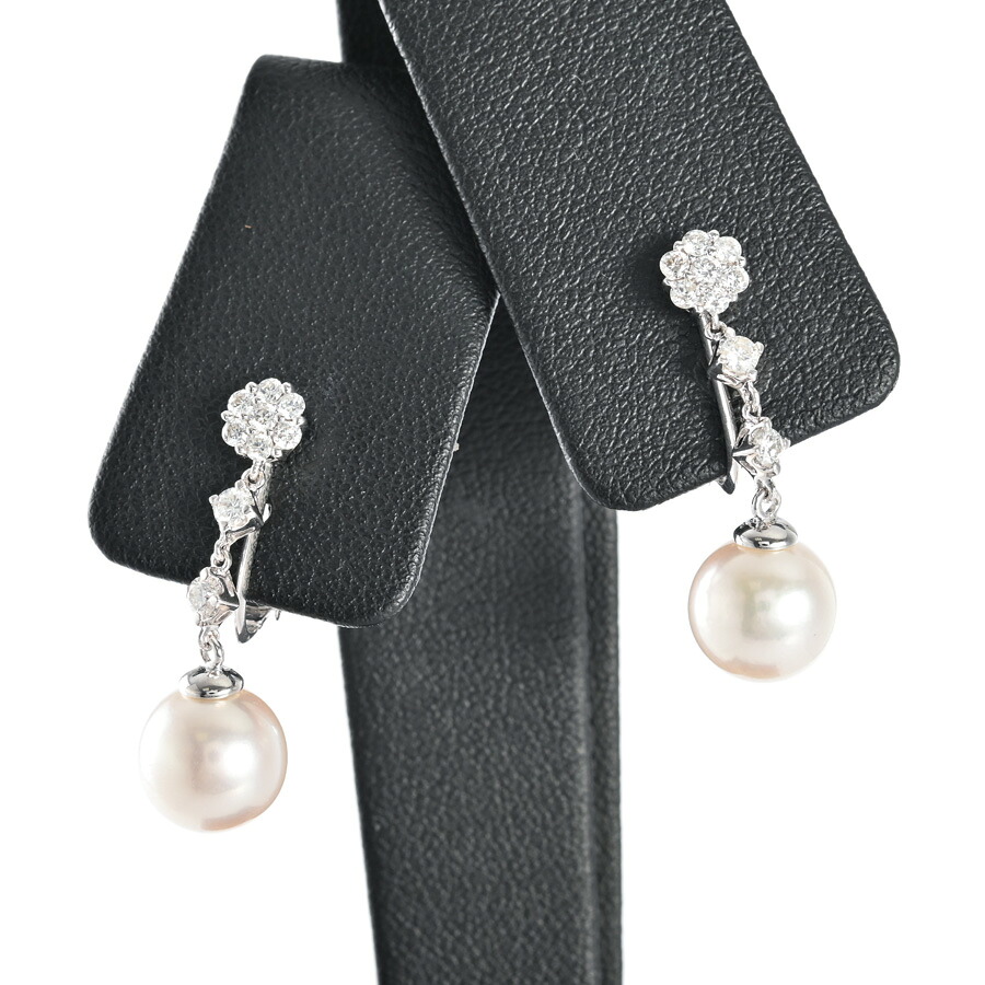 【中古】A品 パール イヤリング ホワイトパール8.8/8.8mm ダイヤ計0.47ct 4.4g レディース