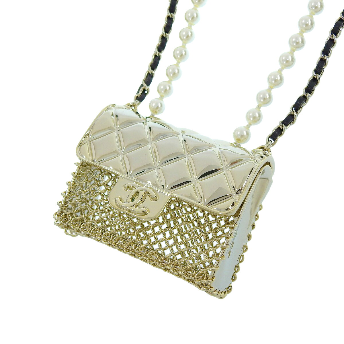 (4583) シャネル CHANEL マトラッセ バッグモチーフ チェーン フェイクパール ロングネックレス メッキ シルバー レディース 【中古】|ロド・ヤマカ 店