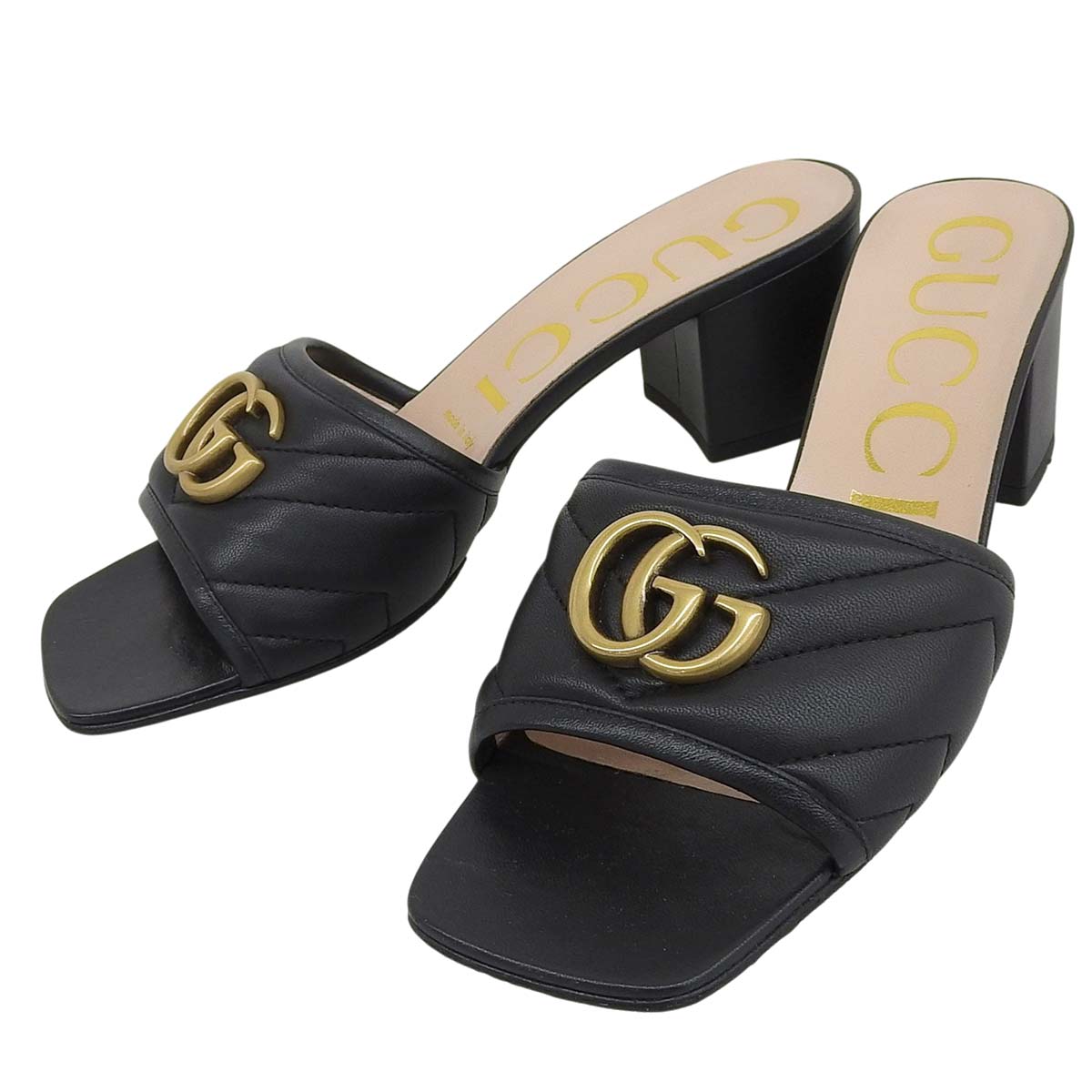 (4794) グッチ GUCCI ダブルGマーモント サンダル ミュール なめし革 ゴールド金具 黒いこと 大きさ37 1/2 24.5糎 レディース 【中古】