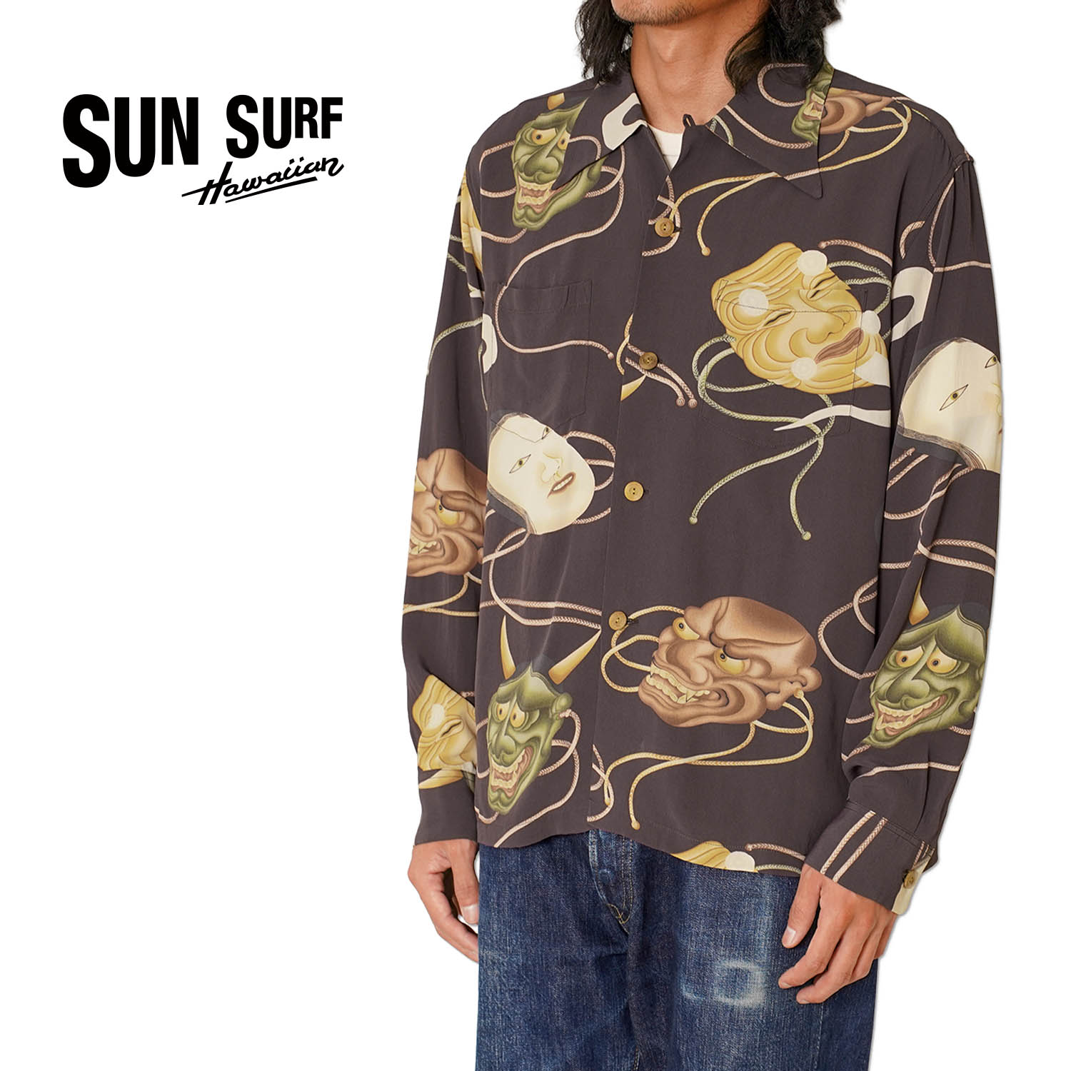 【別注】SUN SURF サンサーフ 長袖アロハシャツ 2026ろーぐす別注&ldquo;NOH MASK&rdquo;SS29771RG｜ろーぐす
