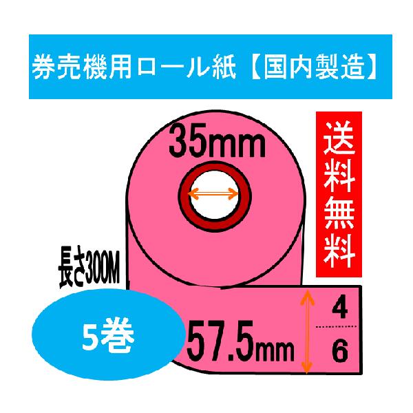 券売機用渦巻き紙 ５巻入り口・入口色合い サクラ色ミシン目有 6:4感熱渦巻き サーマルロール食券 チケットロール ふり出し機 レジロール専門職店