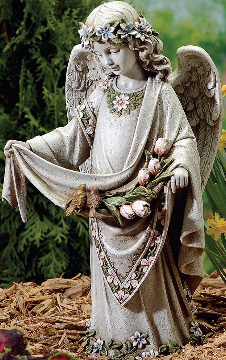 花柄のトリミングされたガウンを着た女の子の天使彫像 高さ 約42ｃｍ