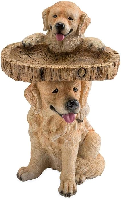 遊び心のあるゴールデンレトリバーの子犬2匹の餌台テーブル樹脂製バードバス木目調ガーデン装飾置物贈り物輸入品|浪漫堂ショップ