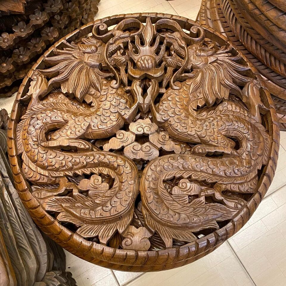 楽天市場】丸い木彫りの壁アート彫刻 中国風 昇龍 翔龍彫像 アジアン