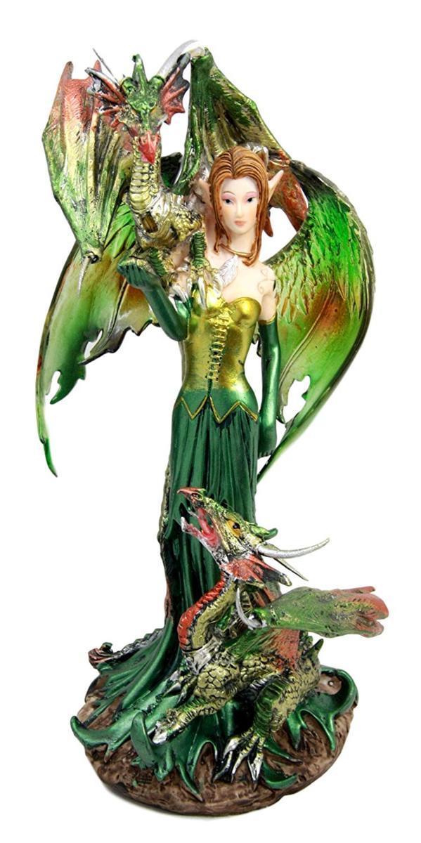 ２匹の守護グリーン・ドラゴンを連れた エメラルド色のエルフ（妖精）フェアリー・フィギュア彫像 彫刻 ピクシー プレゼント贈り物(輸入品