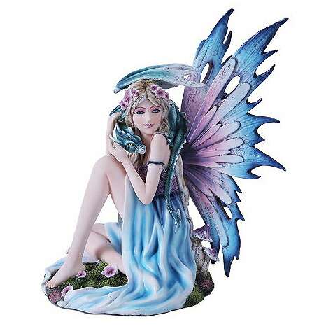 グリーンドラゴンを抱いている春の妖精彫像 彫刻/ ファンタジー 乙女天使　スコットランド 神話伝承 コレクション 誕生日贈り物（輸入品｜浪漫堂ショップ