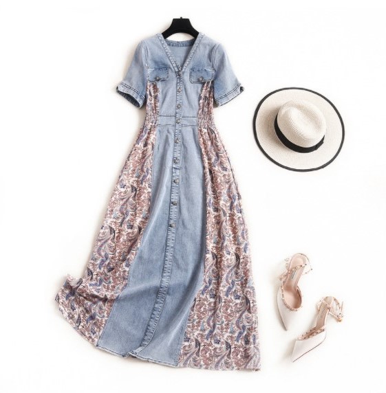 レディースファッション ワンピース 高級レディース ロング デニムドレス ワンピース ロング デニム 切替 花柄ワンピース ロング 異素材 デニム ワンピース 専門ショップ
