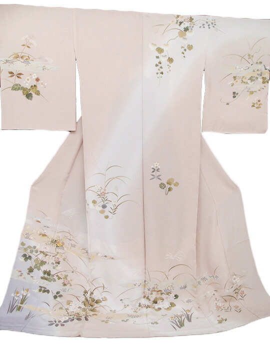 訪問着 正絹 未仕立て 新品 古典 四季花 文様 淡いピンクベージュ 現品限り d008r