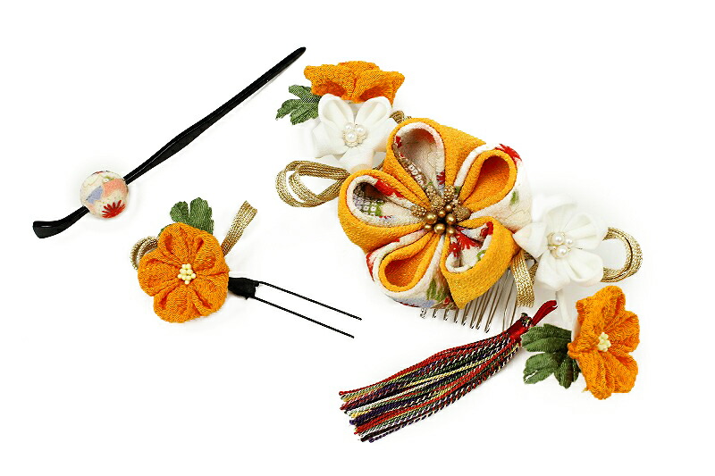 楽天スーパーsale 10 Off 髪飾り 成人式 振袖 浴衣 卒業式 袴 結婚式 3点セット 橙 白 花 和 洋 かんざし 手作り 玉簪 つまみ細工 ちりめんフォーマル 花飾り 玉飾り ブライダル W 86 304 317 橙 白 P810 Si