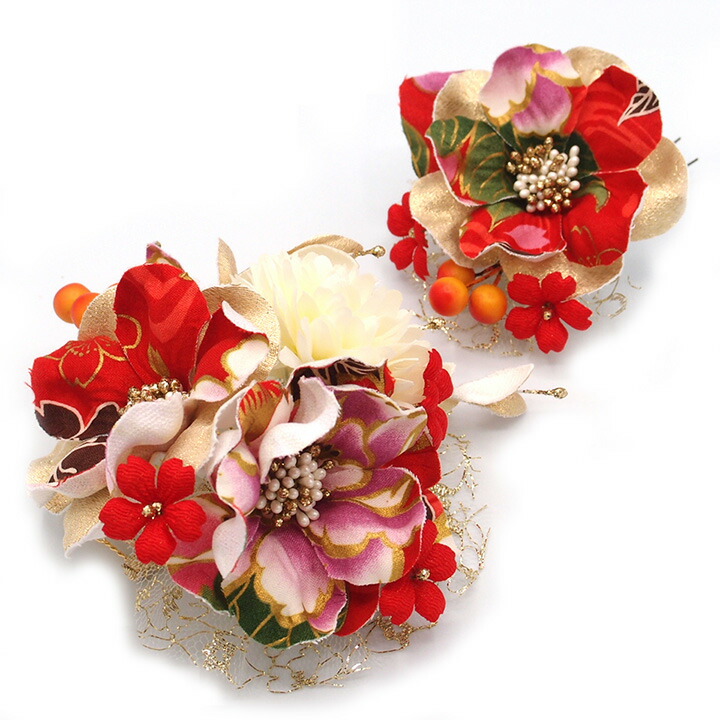 楽天スーパーsale 10 Off 髪飾り ブライダル 成人式 振袖 浴衣 卒業式 袴 結婚式 2点セット 赤 白 花 和 洋 かんざし 手作り 簪 つまみ細工 ちりめんフォーマル 花飾り 玉飾り W68 307 2 赤 白 R716 Si Factor100 Co Il