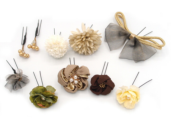 髪飾り １０点セット 浴衣 京都 Miyako 花 袴 京あそび 着物 Asobi 成人式 子供 和小物 枡 ベージュ 七五三 西陣 振袖