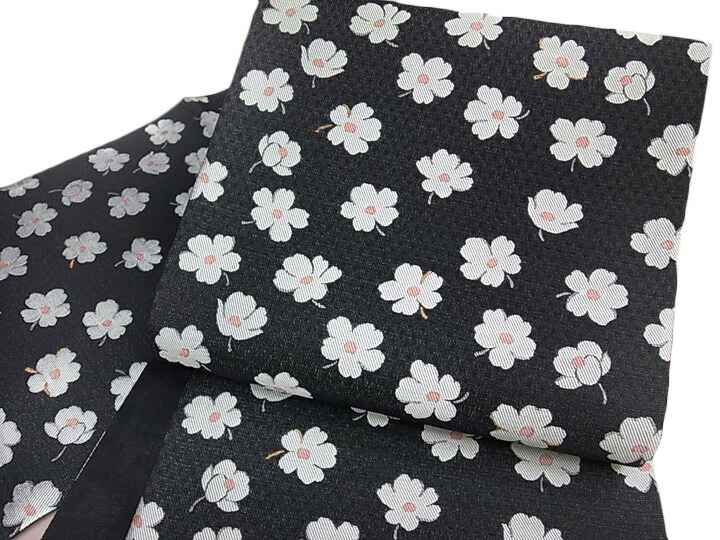 【百貨店SALE】弥栄布切れ 袋帯 正絹 西陣織 新品 未仕立てもの 柿渋織 小花袋帯 単衣にも 黒 c444ｒ
