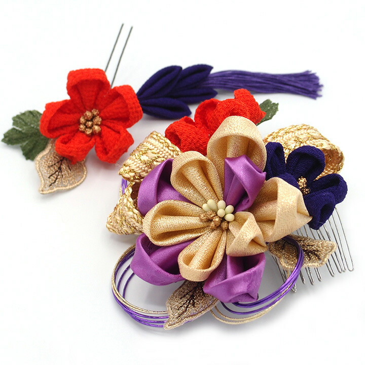 市場 髪飾り 着物 リボン 成人式 子供 振袖 結婚式 ２点セット 紫 袴 七五三 金 花 ドレス 浴衣 和風 つまみ細工 卒業式