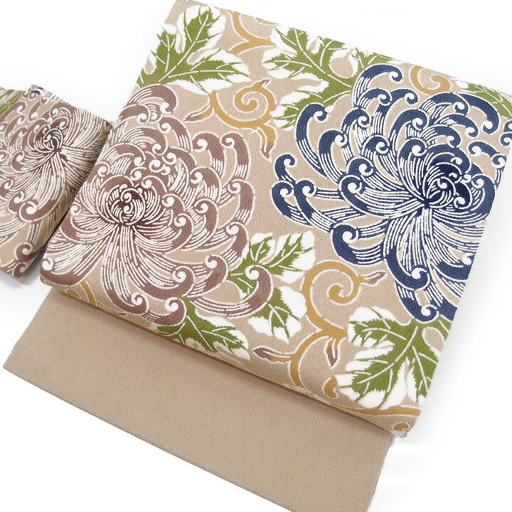 【百貨店SALE】名古屋帯 九寸帯 栗山吉三郎制作室 和染紅型 菊 唐草 正絹 浜ちりめん 仕立てもの売り上げ金 心地よい 染帯 ベージュ c449