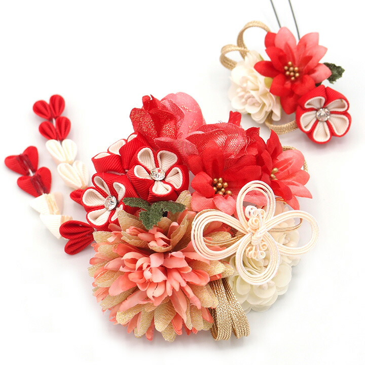 市場 髪飾り つまみ細工 和装 和風 着物 ２点セット 浴衣 花 七五三 卒業式 お呼ばれ 袴 ドレス 子供 成人式 赤 結婚式 振袖