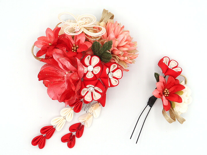 髪飾り ２点セット 子供 花 成人式 和装 袴 着物 七五三 浴衣 つまみ細工 結婚式 振袖 赤 和風 卒業式 ドレス お呼ばれ