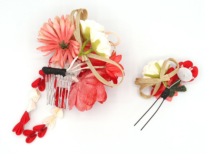 市場 髪飾り つまみ細工 和装 和風 着物 ２点セット 浴衣 花 七五三 卒業式 お呼ばれ 袴 ドレス 子供 成人式 赤 結婚式 振袖