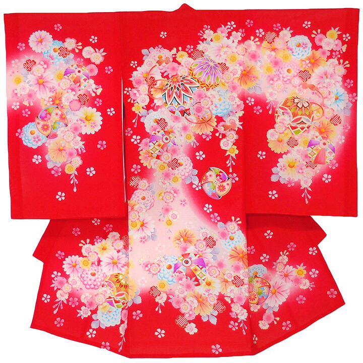 夏 赤ちゃん 女の子 赤 産着 お宮参り 着物 手毬 レンタル セット 暈し 祝着 レンタル 赤 菊 桜 花 金彩 古典 貸衣装 祝着 正絹 絽 高級品 帽子 よだれ掛け セット 往復送料無料 W165 Omiyag0051 Si レンタル