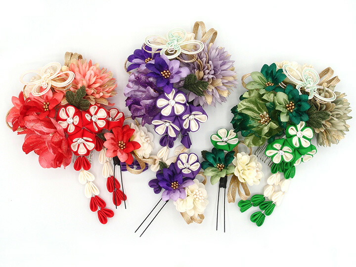 髪飾り ２点セット 袴 着物 ドレス お呼ばれ 振袖 つまみ細工 緑 子供 和風 花 結婚式 卒業式 七五三 浴衣 和装 成人式