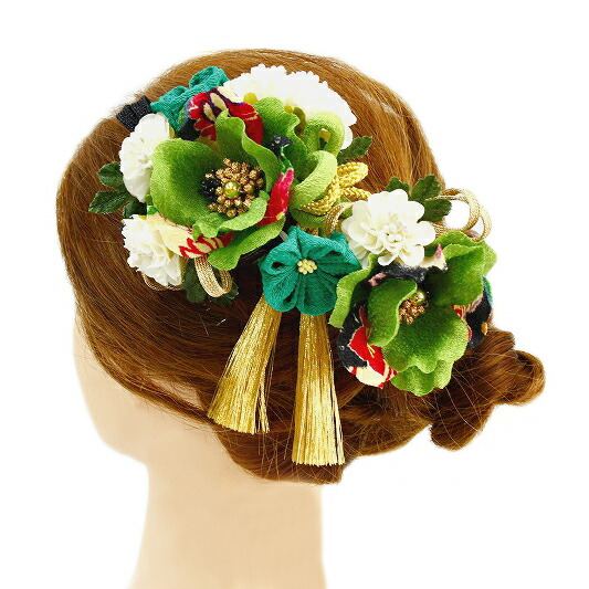 楽天スーパーsale 10 Off 髪飾り 成人式 振袖 浴衣 卒業式 袴 結婚式 点セット 緑 白 花 和 洋 かんざし 手作り 簪 つまみ細工 ちりめんフォーマル 花飾り 玉飾り ブライダル W 78 304 2 緑 白 P774 Si