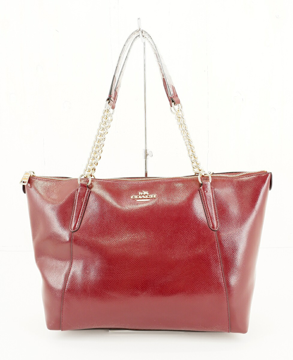 【値下げしました】 COACH F37078 CRS PAT AVA CHN TOTE コーチ ラグジュアリー クロスグレーン パテント レザー トートバッグ チェーン ショルダー トート シェリー JSB鑑定済み