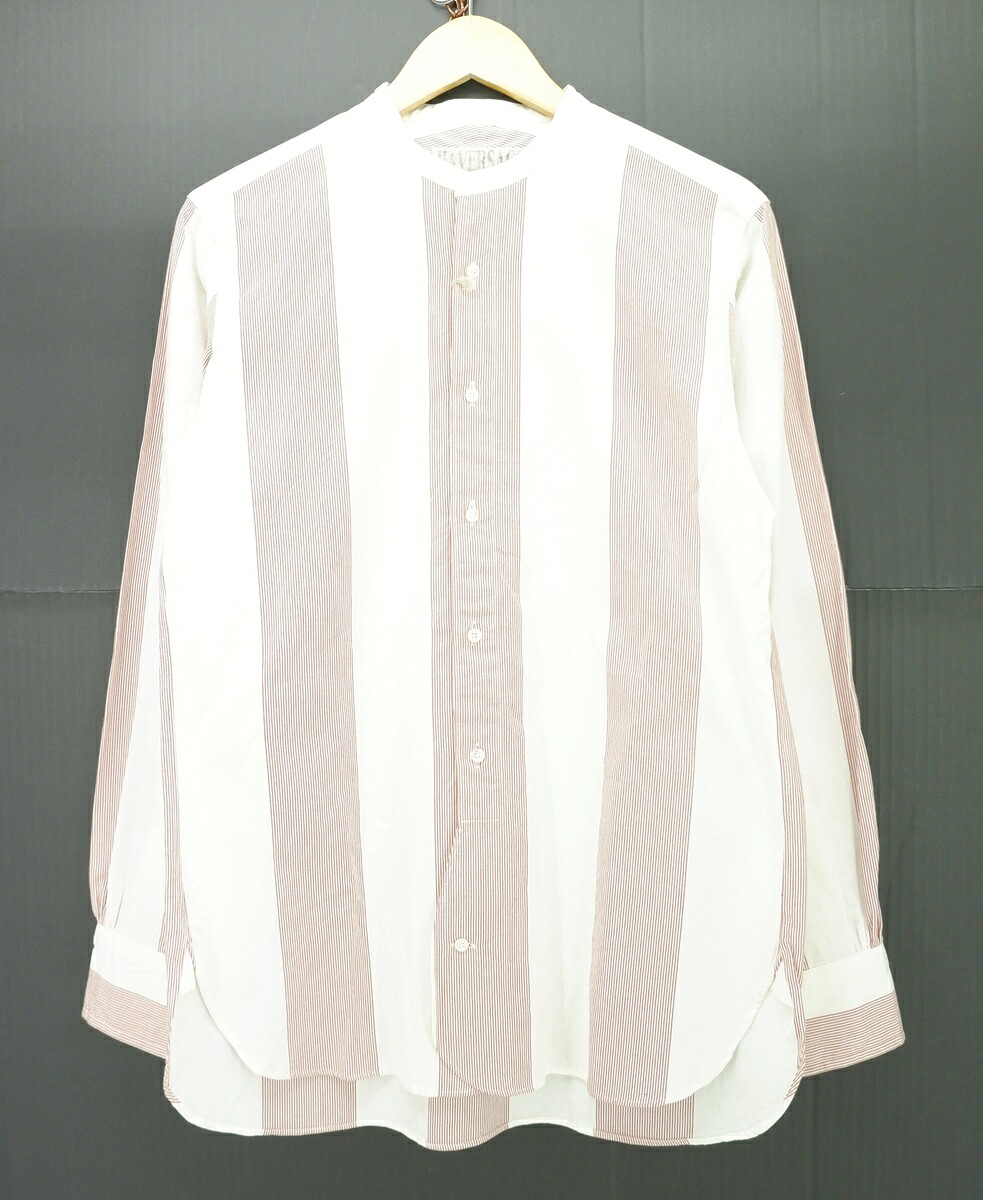 HAVERSACK L/S STRIPE BAND COLLAR SHIRT size：M ハバーサック ドビーワイドストライプシャツ バンドカラーシャツ 長袖シャツ ボタンシャツ レッド×ホワイト 821722 Made in Japan