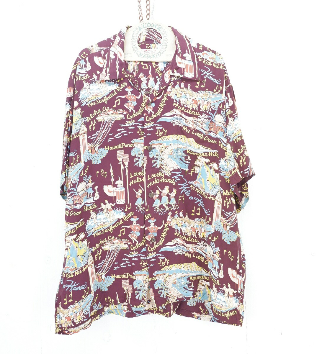 SUN SURF S/S THE SONG OF HAWAII RAYON HAWAIIAN SHIRT size：XXL サンサーフ レーヨン ハワイアンシャツ アロハシャツ 半袖シャツ ボタンシャツ 総柄 ブラウン SS39226 東洋エンタープライズ Made in Japan