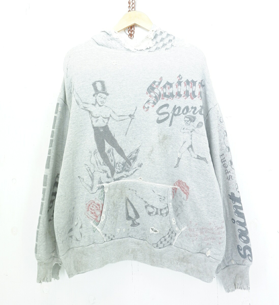 SAINT MICHAEL &times; Alexis Ross 25AW DRAWING HOODIE size：L セントマイケル アレクシス・ロス コラボ フーディー パーカー ダメージ加工 グレー SM-HR1-0000-C31 Made in Japan｜浪漫遊　店