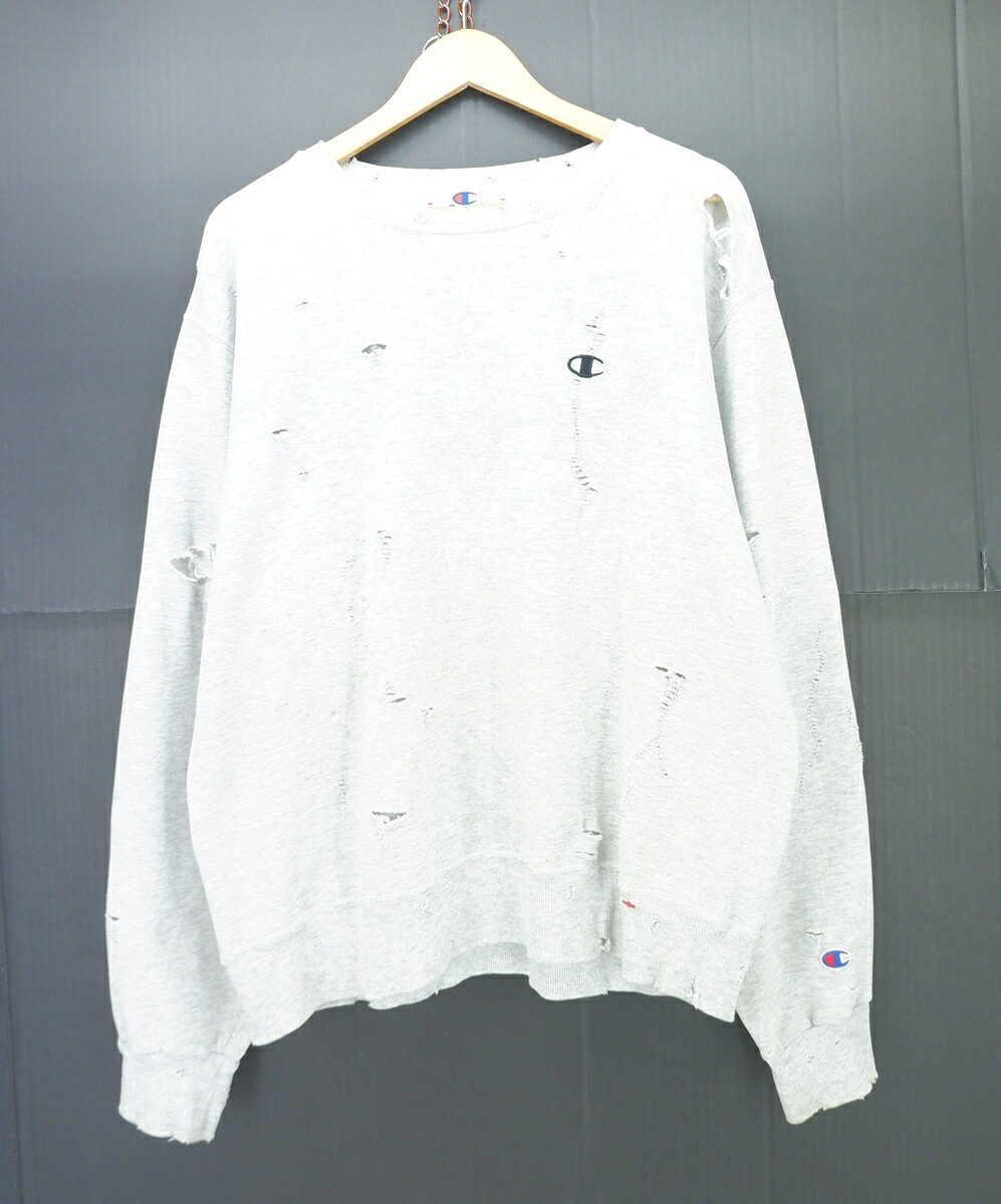 SUBTLE AUTHENTIC &times; Champion CRASH PULLOVER SWEAT size：XL サートルオーセンティック チャンピオン コラボ ダメージ加工 スウェット トレーナー グレー S1100-017｜浪漫遊　店