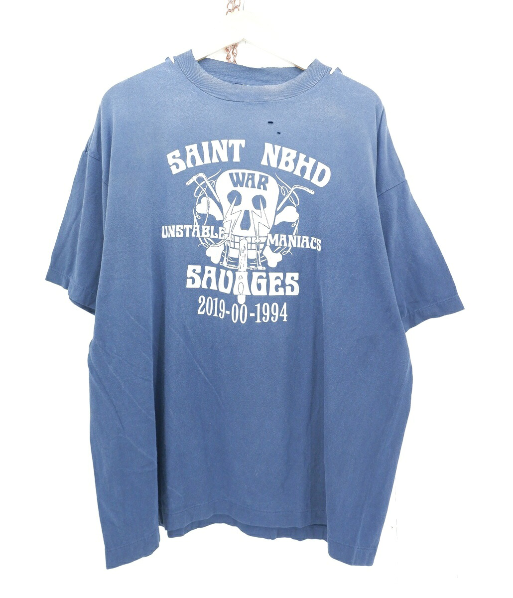 SAINT MICHAEL &times; NEIGHBORHOOD 25SS S/S SAINT NBHD Tee size：XXL セントマイケル ネイバーフッド コラボ プリント 半袖Tシャツ ダメージ加工 ネイビー SM-HR8-0000-C71 25119SMN-CSM04S Made in Japan｜浪漫遊　店 19,240円