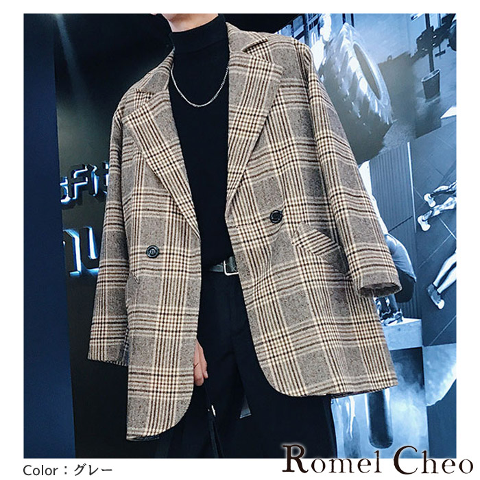楽天市場 送料無料 Romelcheo チェック柄テーラードジャケット グレンチェック ライトアウター 秋冬 メンズ ダブルプレスト シック ファッション カジュアル モード ロメルチェオ Romelcheo
