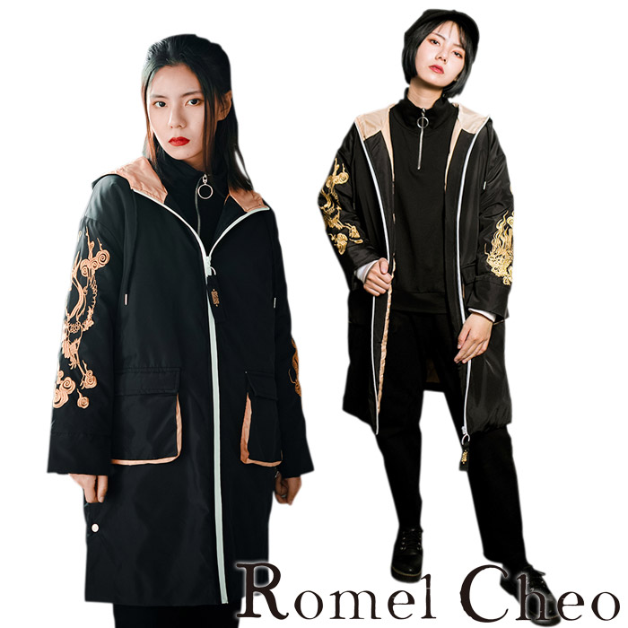 楽天市場 送料無料 Romelcheo 龍柄刺繍ロングコート ロングブルゾン キルティング アウター ドラゴン 長袖 和テイスト モダン 和風 アジアン エスニック モード系 ストリート系 韓国 青文字系 原宿系 レディース ファッション カジュアル ロメルチェオ Romelcheo