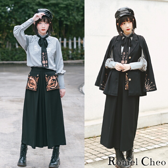 超特価 Romelcheo 狐仙 刺繍 レトロ風 マント ジャケット ケープ 袖スリット アウター 長袖 レディース 妖怪柄 キツネ 稲荷神 和柄 黒 エレガント きれいめ 病みかわいい 大人可愛い 原宿系 ガーリー レトロ 大正ロマン コスプレ ファッション ロメルチェオ Reparts Com Mx