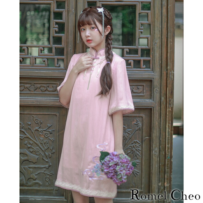 楽天市場 送料無料 Romelcheo チャイナ ワンピース ミニ丈 ミニワンピ ミニドレス 刺繍 花柄 漢服 レディース 半袖 原宿系 ゆめかわ かわいい ガーリー 中華風 普段着 チャイナボタン ピンク レース パイピング ファッション 森ガール ロメルチェオ Romelcheo