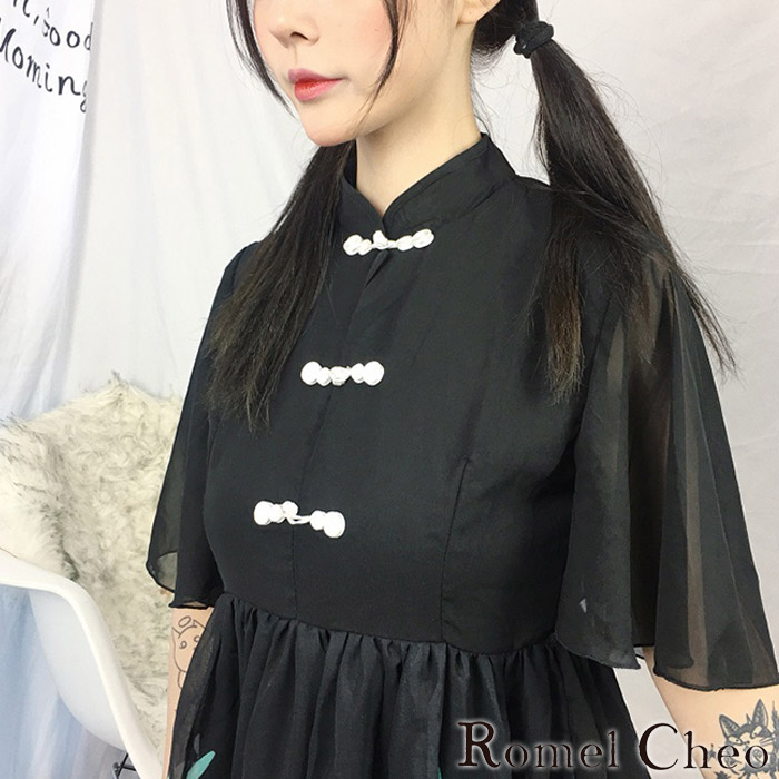 送料無料 Romelcheo チャイナシースルーワンピ モノクロ チャイナ服 ロリータ ワンピース 半袖 長袖 漢服 レディース 花柄刺繍 原宿系 病みかわいい 青文字系 ガーリー フレアーワンピ エスニック 病み 黒 白 モード系 モノトーン ロメルチェオ Romelcheo