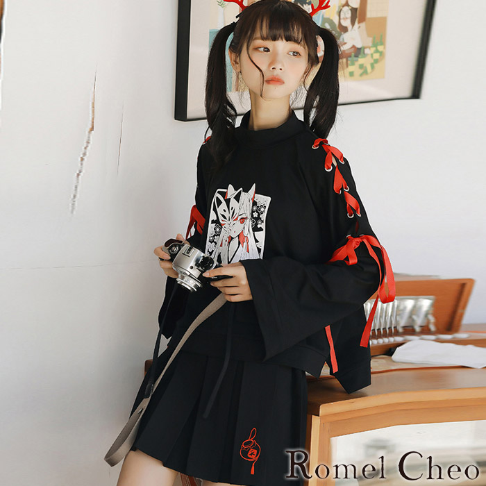 楽天市場 送料無料 Romelcheo 編み込みフレアスリーブトレーナー スウェット ロリータ ゆめかわいい 和風 アジアン レディース トップス カジュアル おしゃれ 病みかわ 青文字系 ロメルチェオ 原宿 ストリート Romelcheo