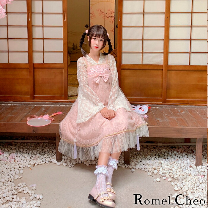 楽天市場 送料無料 Romelcheo ハイウエスト ワンピース ジャンパースカート ロリータ ドール系 妹系 チマ チョゴリ 韓国風 コリアン オルチャン ファッション ふんわり ゆめかわ かわいい Aライン リボン 花柄 裾フリル ロメルチェオ Romelcheo