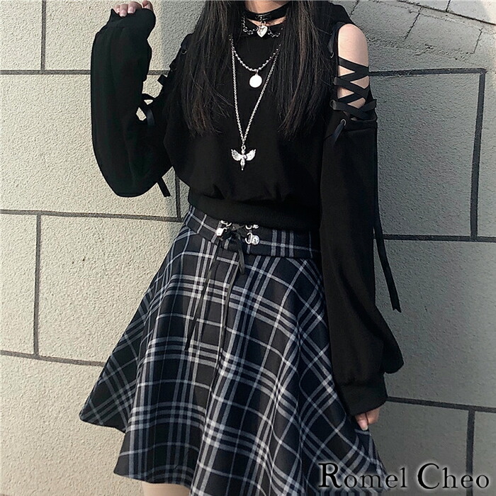 楽天市場 送料無料 Romelcheo 猫耳 オープンショルダー パーカー オプショル オフショル トップス 肩あき 肩出し 編み上げ レディース 黒 レディース 韓国 ファッション ガーリー 原宿系 青文字系 病みかわ ハロウィン 衣装 コスプレ ロメルチェオ Romelcheo