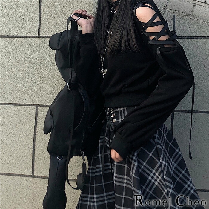 楽天市場 送料無料 Romelcheo 猫耳 オープンショルダー パーカー オプショル オフショル トップス 肩あき 肩出し 編み上げ レディース 黒 レディース 韓国 ファッション ガーリー 原宿系 青文字系 病みかわ ハロウィン 衣装 コスプレ ロメルチェオ Romelcheo