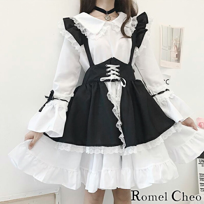 楽天市場 送料無料 Romelcheo ゴスロリ メイド ワンピース セット ゴシック ロリータ 服 エプロン ドレス ヘッド 白ゴス 白ロリ リボン 長袖 膝丈 大人可愛い かわいい ガーリー 原宿系 青文字系 ファッション コスプレ 衣装 ロメルチェオ Romelcheo