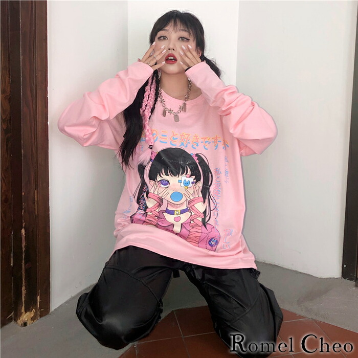 楽天市場 送料無料 Romelcheo かまってちゃん 長袖 Tシャツ ロンt ロング 病みかわいい イラスト レディース 原宿系 個性的 青文字系 ガーリー メンヘラ女子 カジュアル ファッション ロメルチェオ Romelcheo