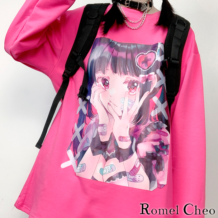 楽天市場 送料無料 Romelcheo イラスト ローズ ピンク 長袖 Tシャツ ロンt ロング プリント ゆめかわいい 病みかわいい レディース ストリート系 原宿系 青文字系 ガーリー ロリータ 大人可愛い カジュアル ファッション ロメルチェオ Romelcheo