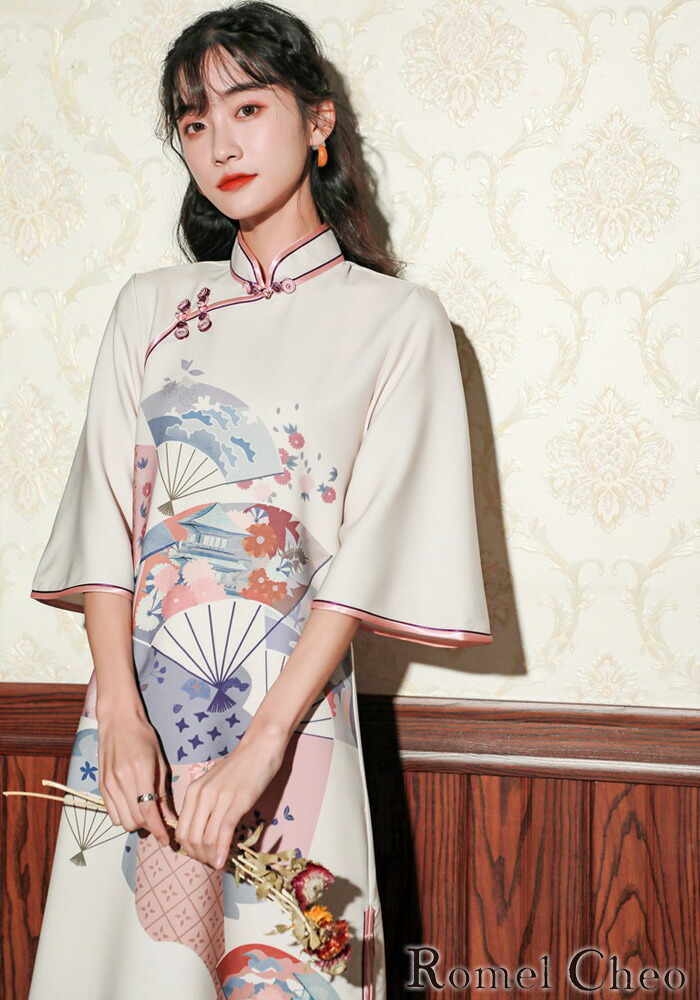 楽天市場 送料無料 Romelcheo 和柄チャイナワンピース チャイナワンピ チャイナドレス チャイナ服 チャイナボタン 半袖 Aライン ひざ丈 ボリューム袖 エスニック スリット 個性的 漢服 レディース モード系 ファッション 原宿系 青文字系 カジュアル ファッション